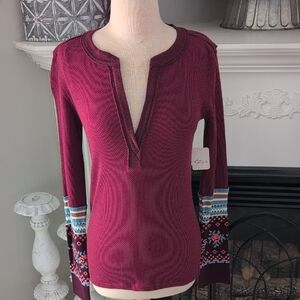 Free People We The Free Burgundy Long Sleeve Henley Top with Patterned Cuffs Med